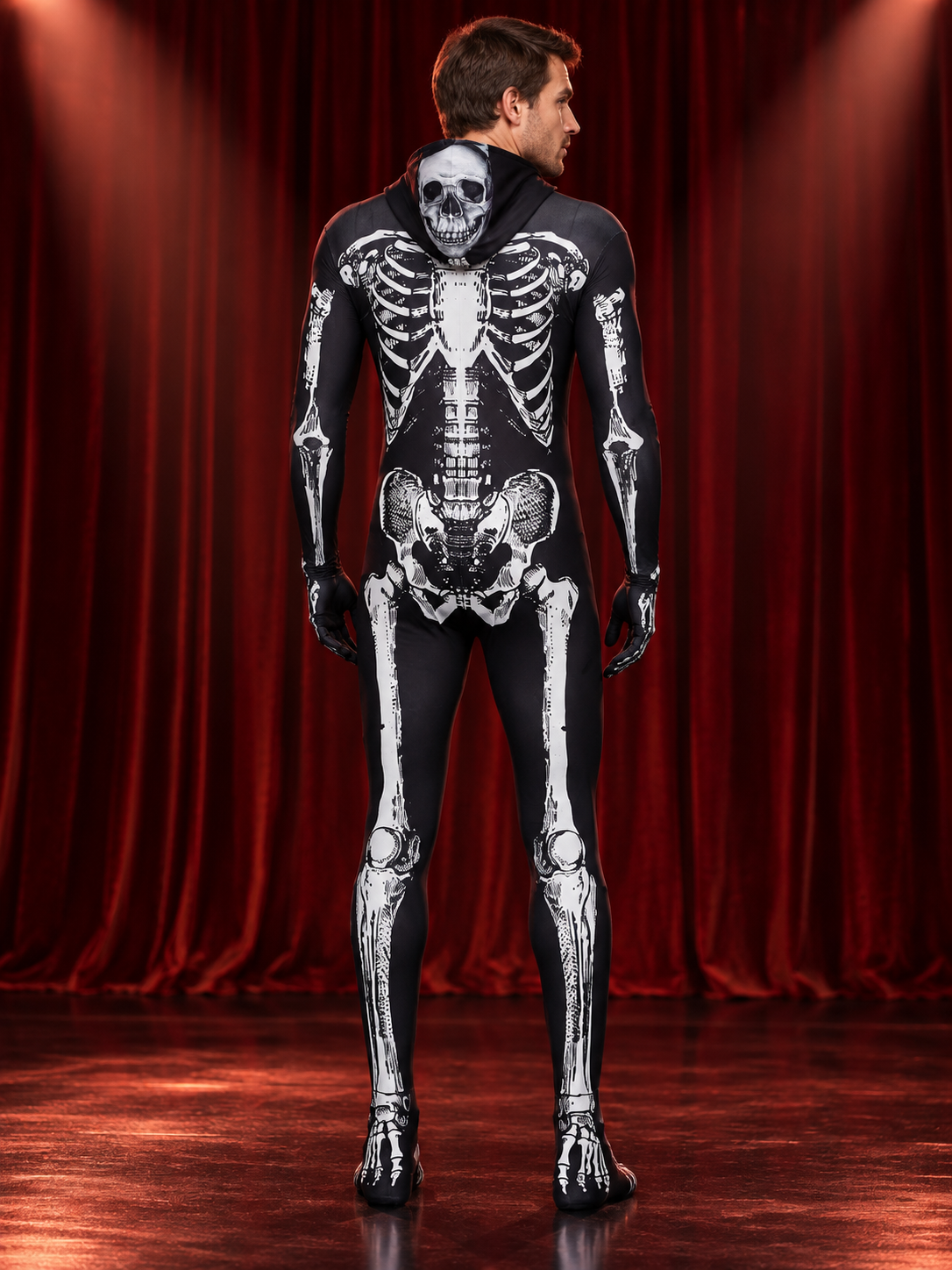Black and White Skeleton Costume Hooded Jumpsuit with Print