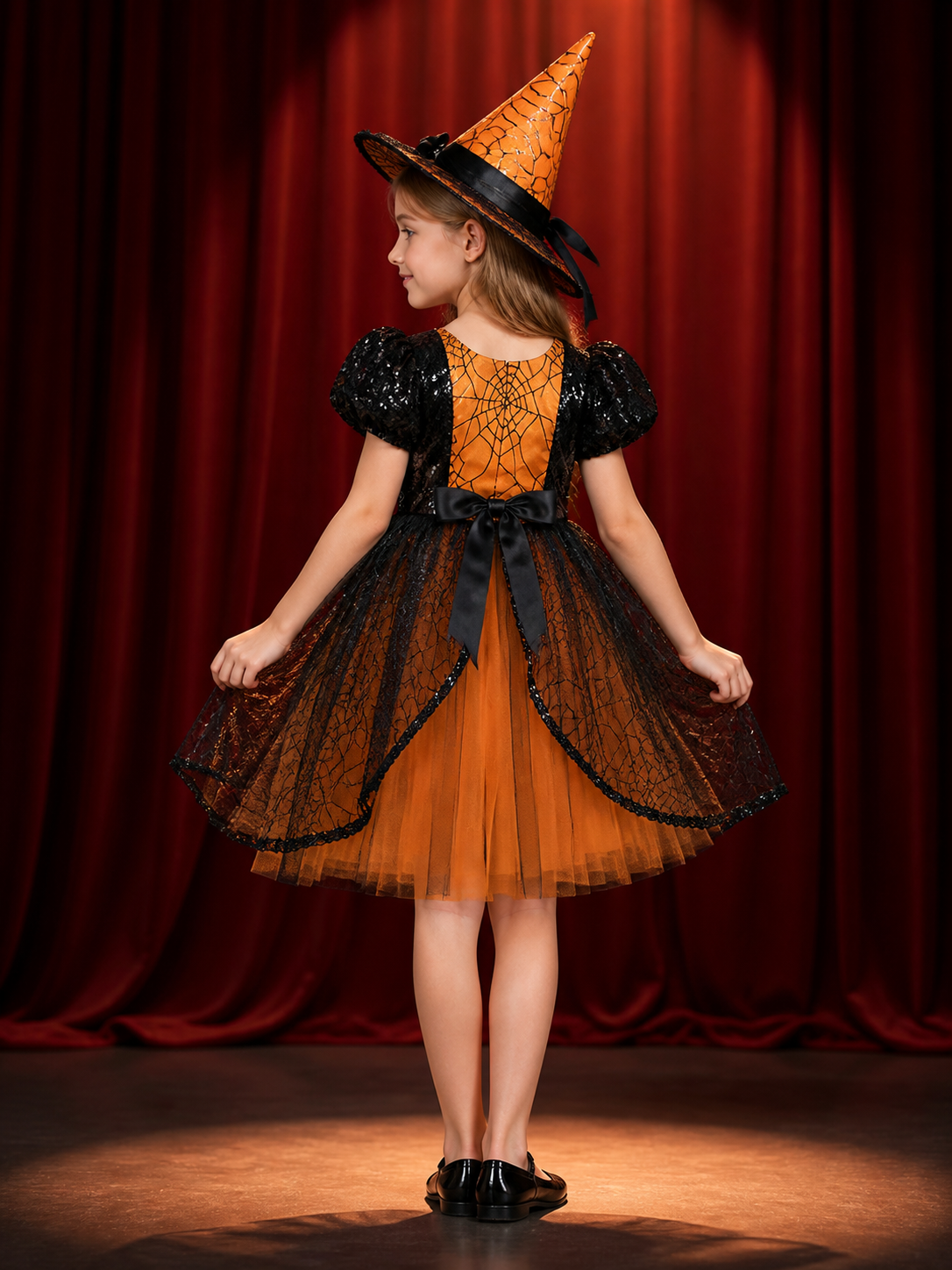 Girls' Witch Costume Dress Set with Hat, Orange Black Spiderweb Lace Halloween back view