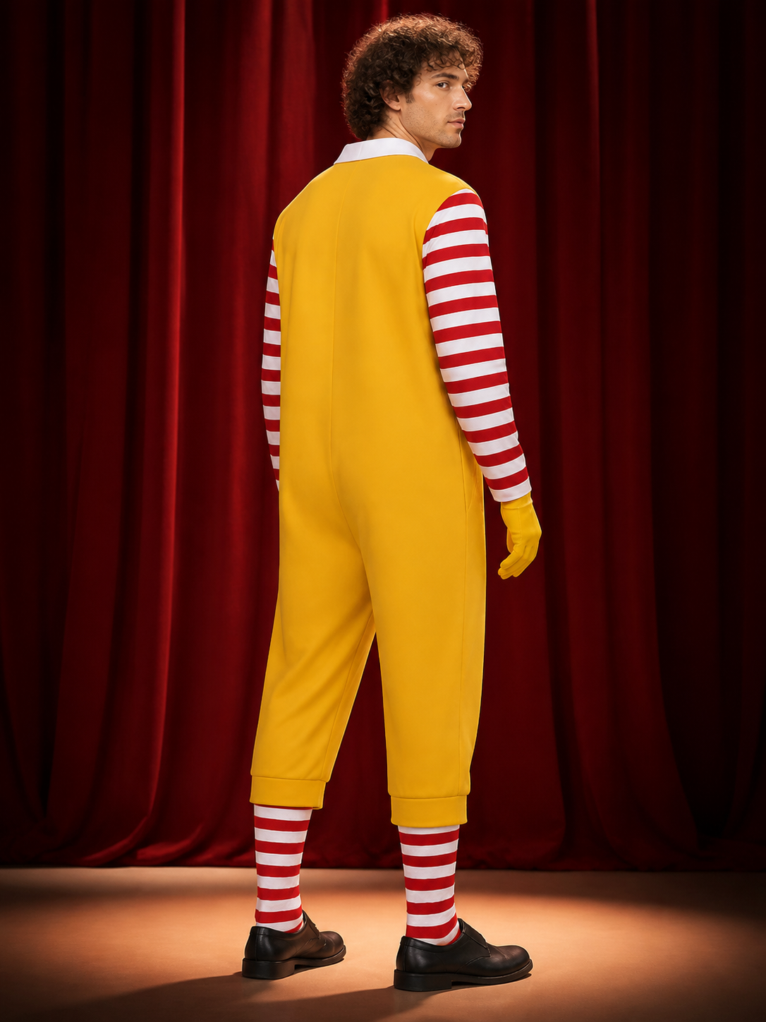 Halloween Clown Jumpsuit Costume, Orange-Yellow with Red and White Striped back view