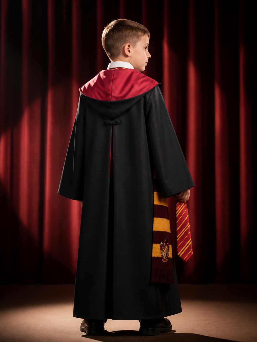 Gryffindor Wizard Costume Set, Hooded Robe With Scarf And Tie back view