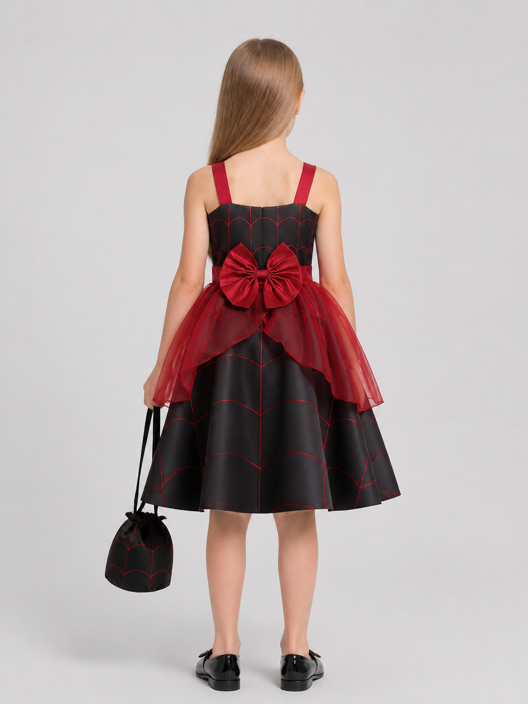Halloween Dress with Spiderweb Pattern, Bow, and Purse back view