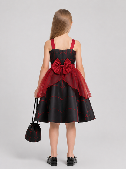 Halloween Dress with Spiderweb Pattern, Bow, and Purse back view