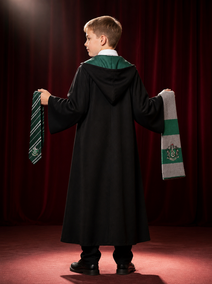 Wizard Costume Set, Hooded Robe With Tie And Scarf, Green And Gray back view