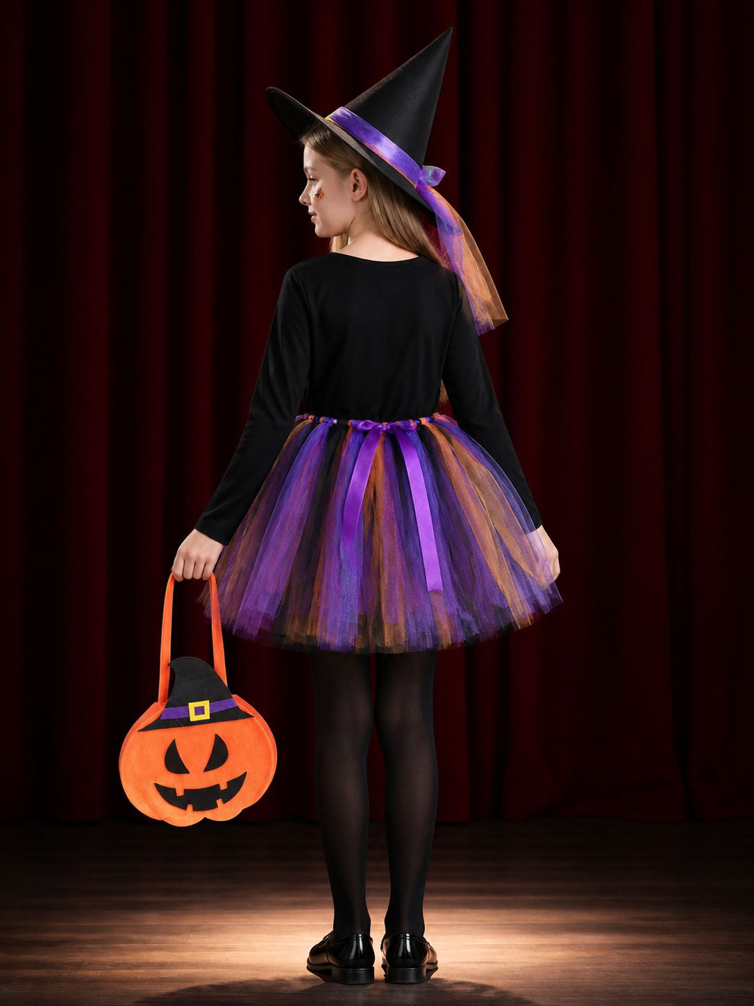 Kids' Halloween Witch Costume Set, Layered Skirt, Hat, Pumpkin Candy Bag & Face back view