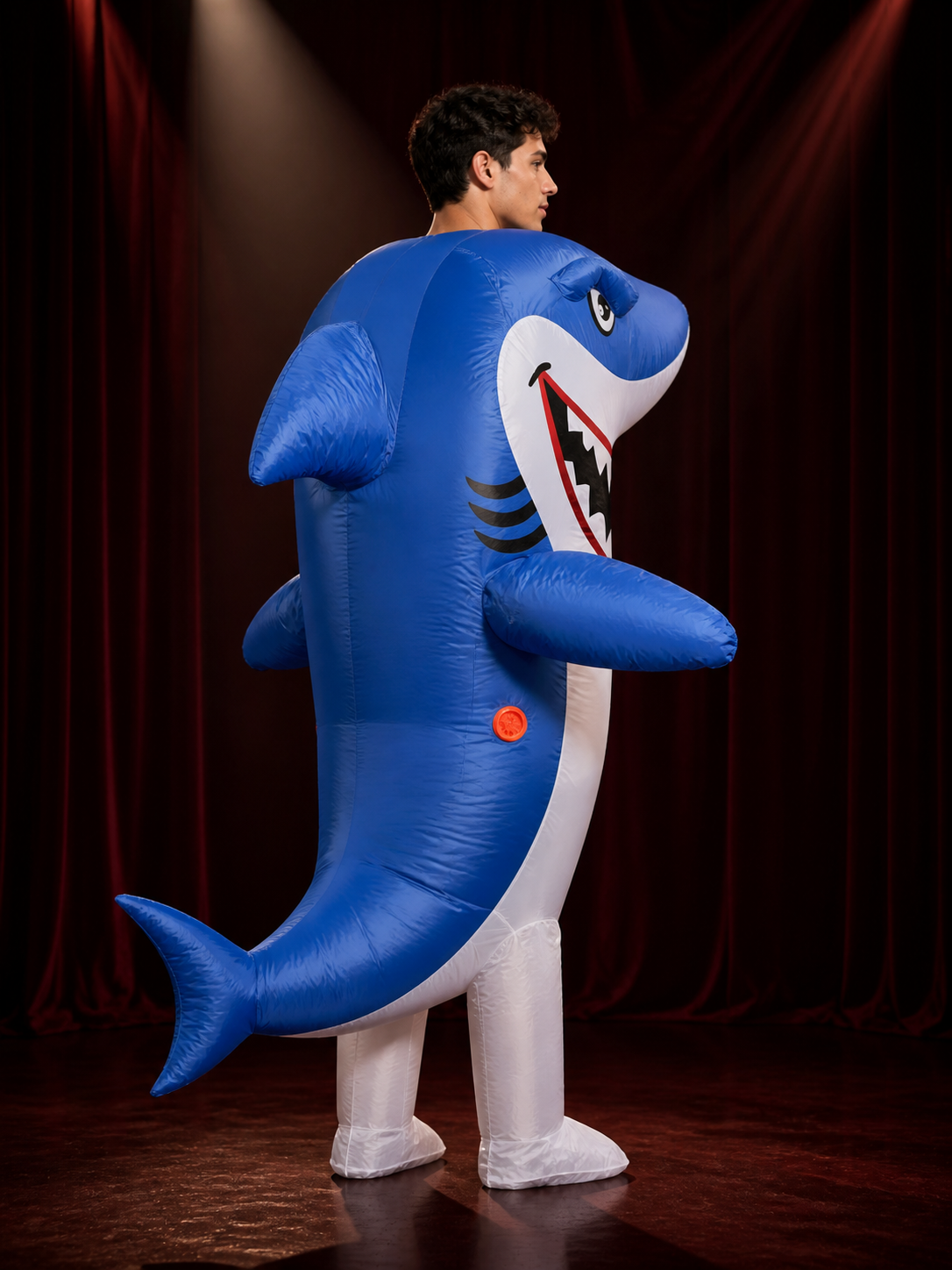 Blue White Shark Inflatable Costume, Blow Up Halloween Suit with Fins back view