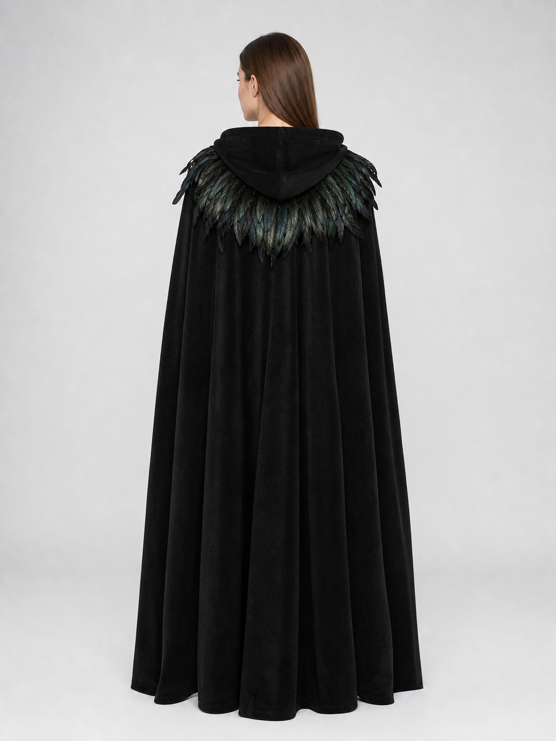 Black Velvet Hooded Cape with Feathers