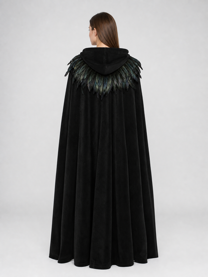 Black Velvet Hooded Cape with Feathers