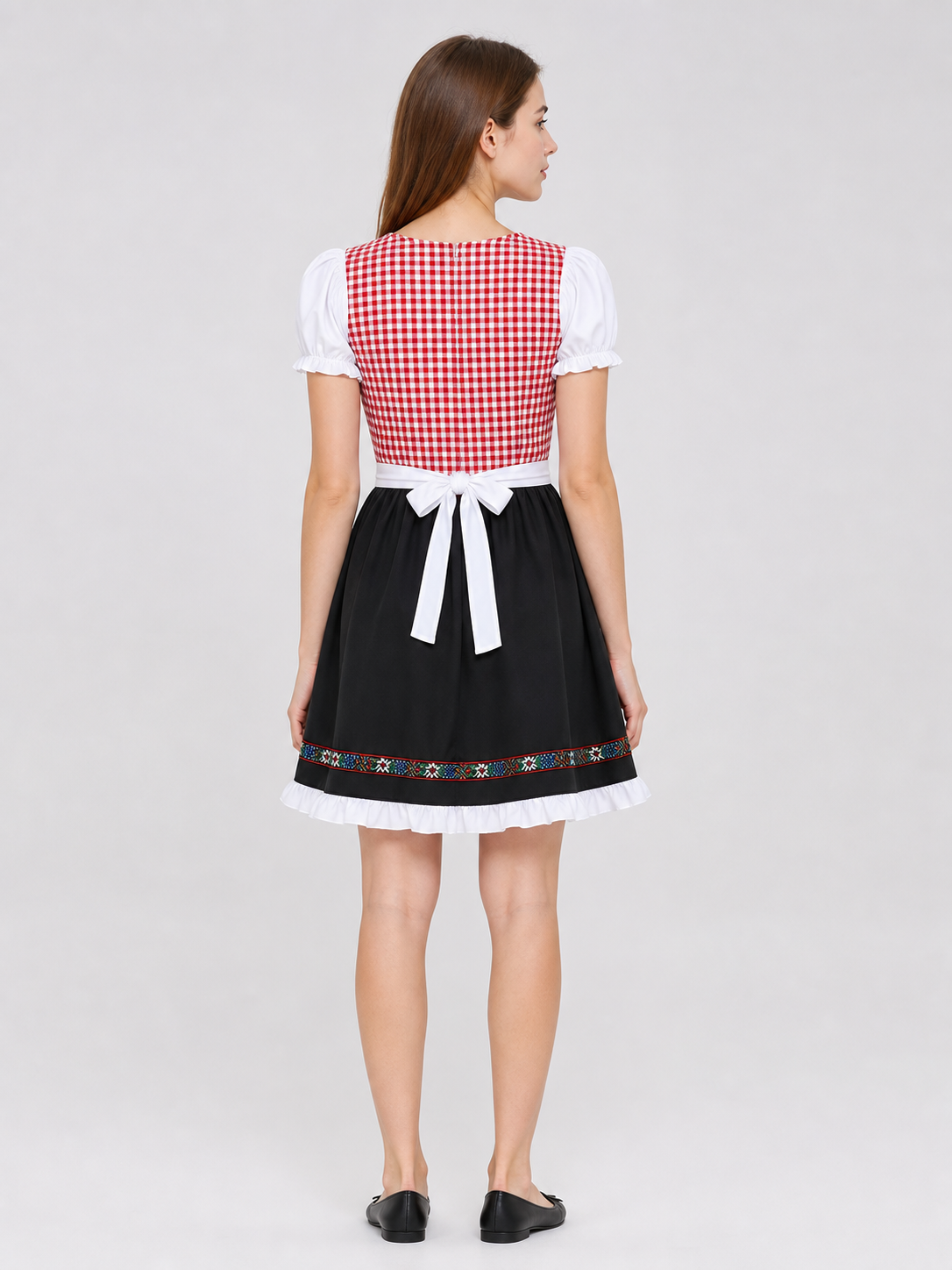 Bavarian dirndl-style costume with bonnet
