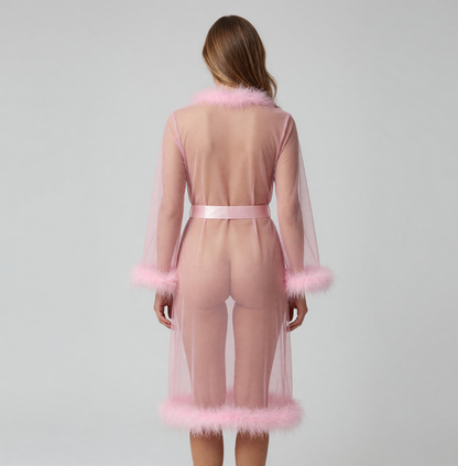 Open-Front Long Robe with Fluffy Trim