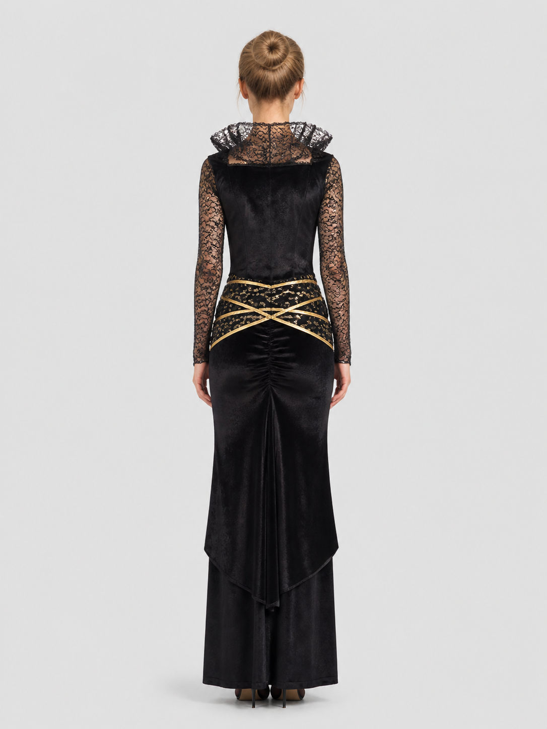 Black Dress with Lace Sleeves and Gold Pattern back view