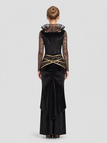 Black Dress with Lace Sleeves and Gold Pattern back view