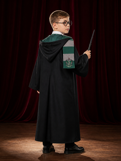 Kids Slytherin Wizard Costume Set, Hooded Robe With Scarf, Tie, Glasses And Wand back view
