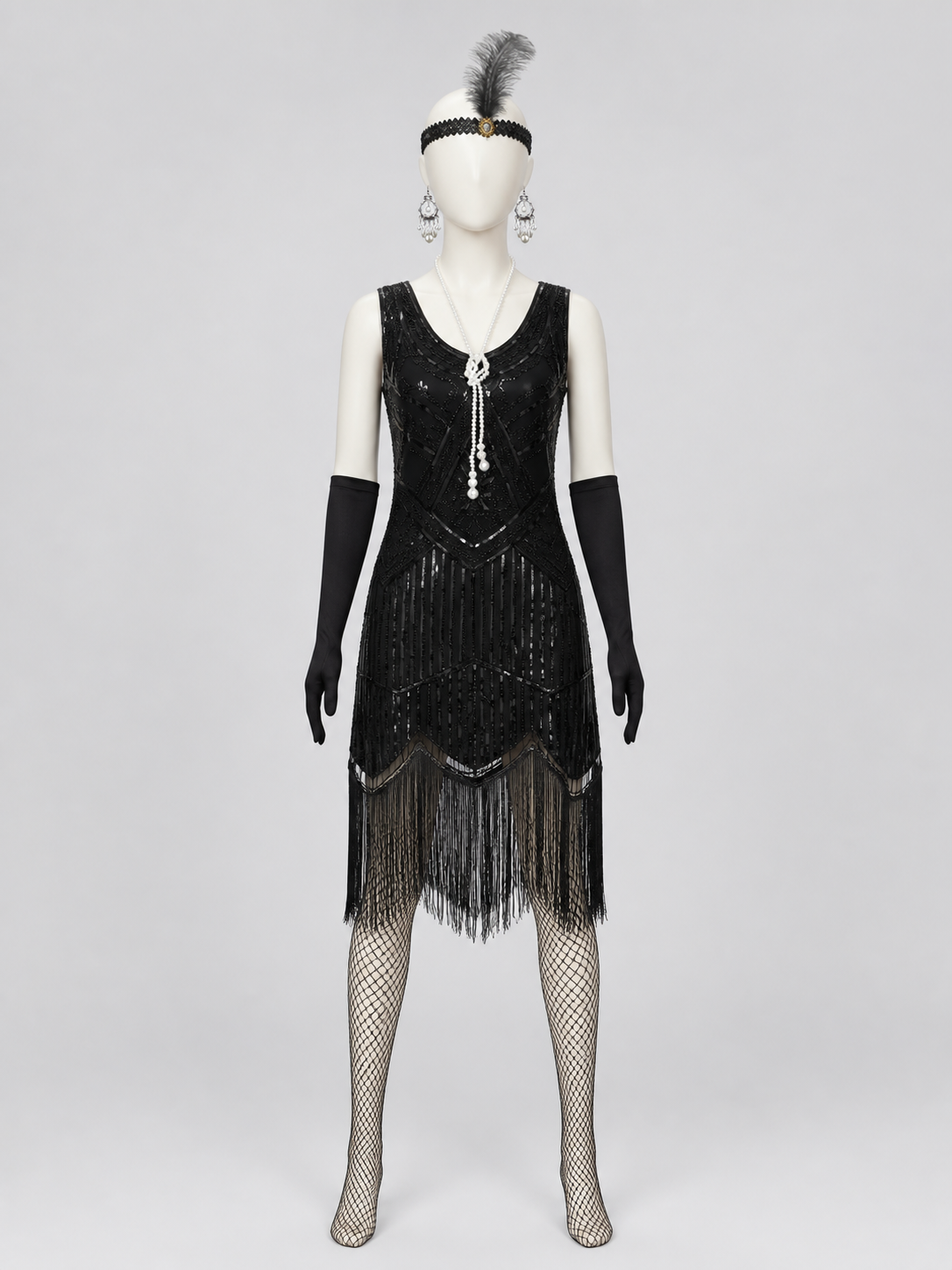 1920s Sequin Dress Set with Long Fringe back view