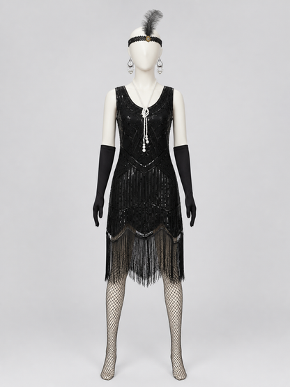 1920s Sequin Dress Set with Long Fringe back view