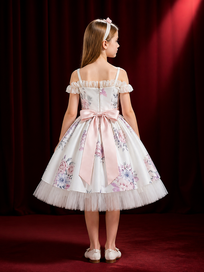 Toddler Girls' Princess Party Dress with Tulle Skirt, Floral Print and Bow back view