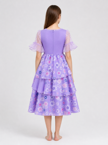 Kids' Floral-Print Cosplay Dress with Sleeves back view 2