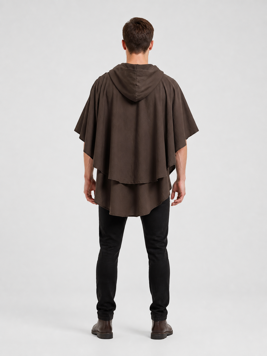 Women's Hooded Wanderer Cloak Costume with Layered Hem, Shoulder Draped Pleats back view 7