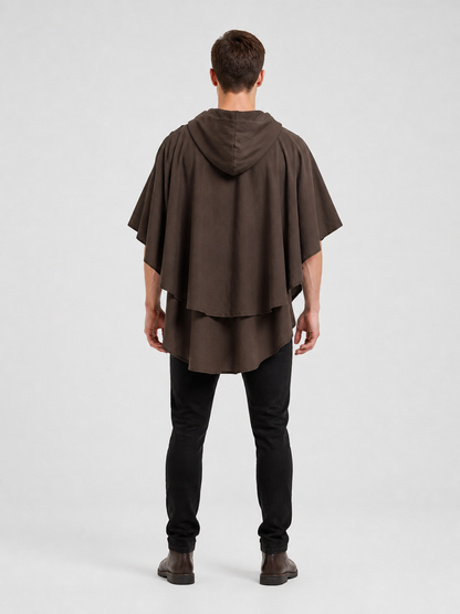 Women's Hooded Wanderer Cloak Costume with Layered Hem, Shoulder Draped Pleats back view 7