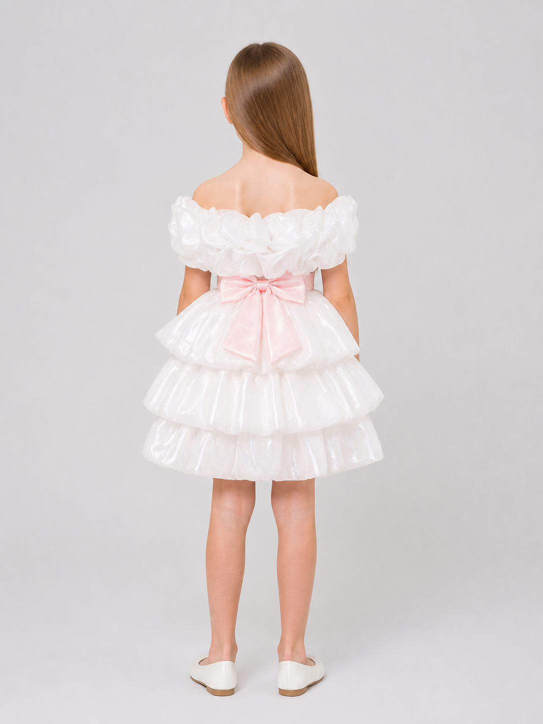 White Princess Dress for Girls with a Pink Bow back view