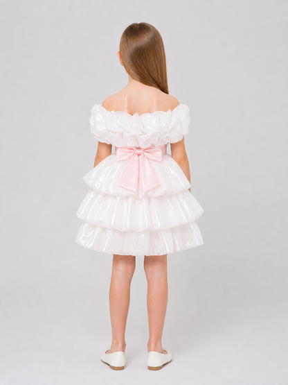 White Princess Dress for Girls with a Pink Bow back view