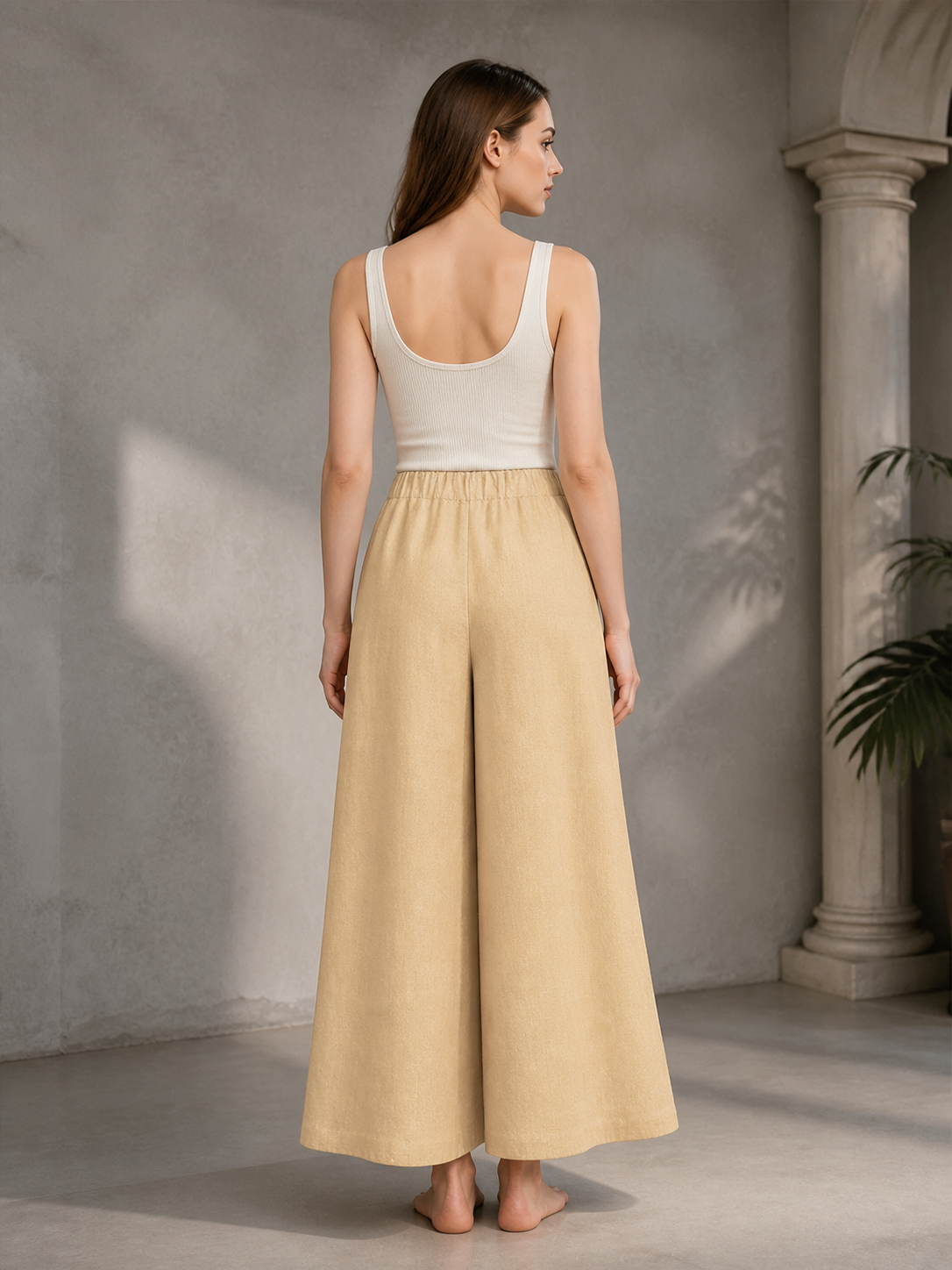 Apricot Wide Leg Pants, Elastic Waist Long Trousers with Two Side Pockets back view 2