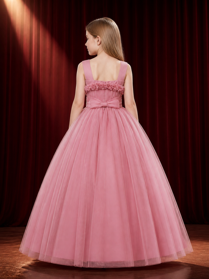 Girls' Pink Princess Dress, Layered Organza Long Gown With Floral Bodice And Bow back view