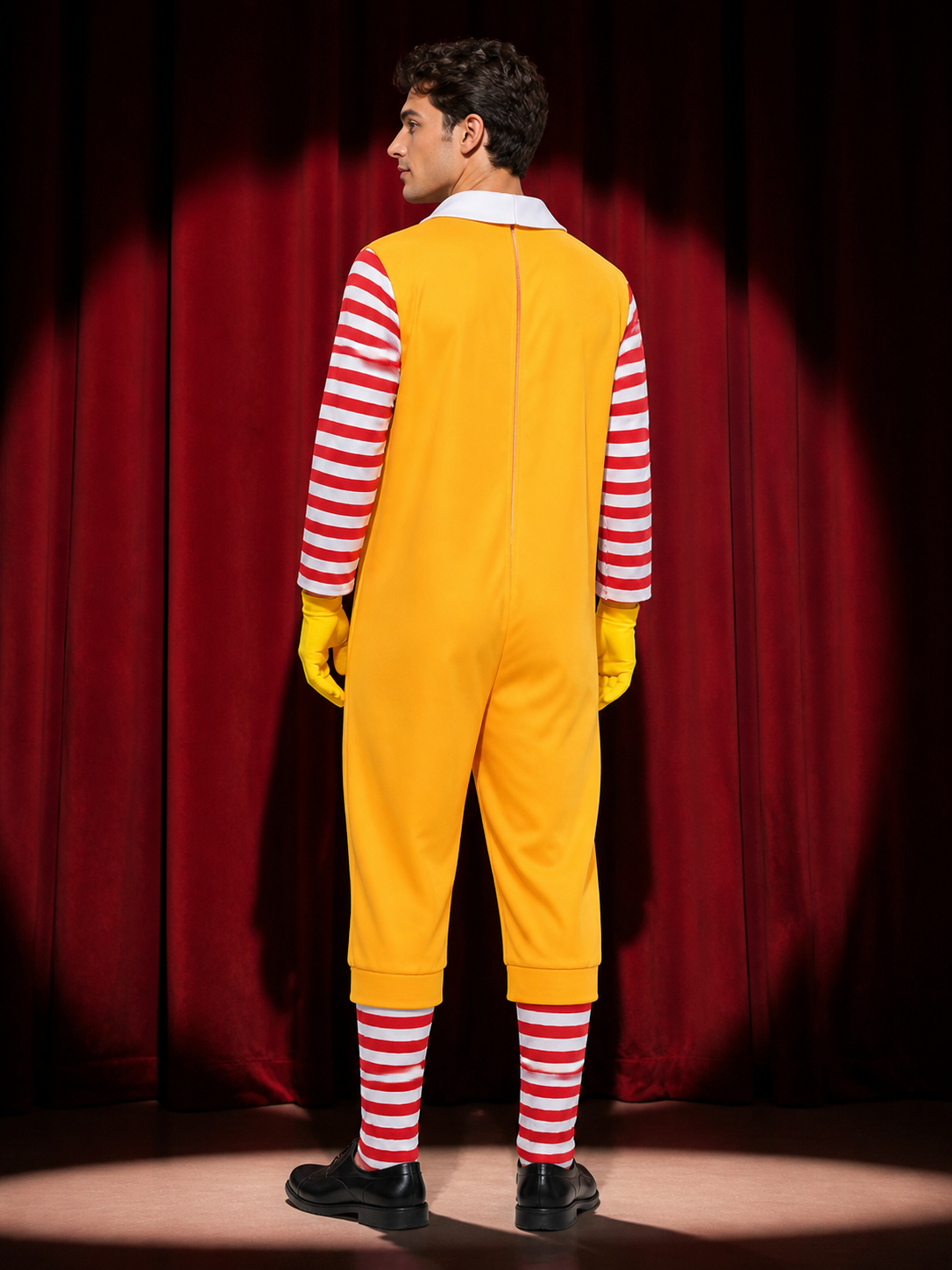 Red and Yellow Clown Jumpsuit Costume, Striped Sleeves, Cosplay Performance back view