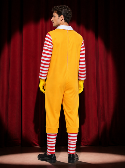 Red and Yellow Clown Jumpsuit Costume, Striped Sleeves, Cosplay Performance back view