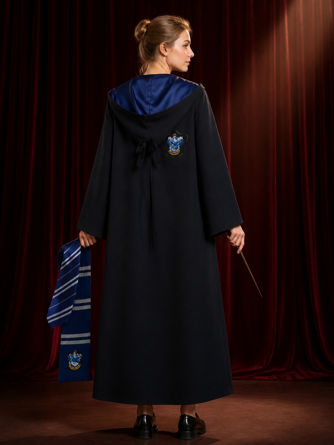 Ravenclaw-Themed Hooded Wizard Robe 3-Piece Costume Set with Tie and Scarf back view