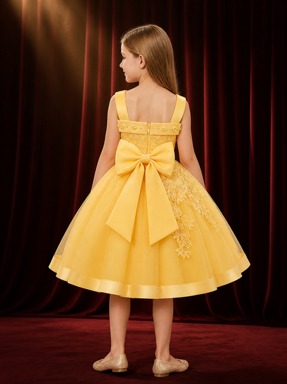 Girls' Princess Flower Girl Dress With Beaded Flowers, Lace Applique And Layered back view