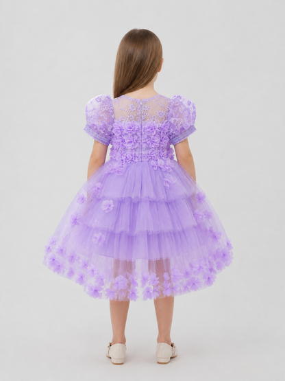 Girls' Formal Dress with Full Skirt, Lace, and Train back view