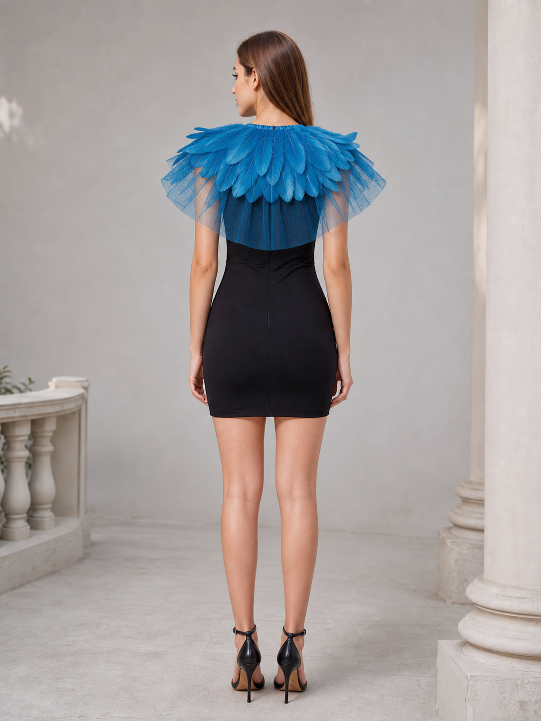 Blue Feather Mesh Shawl, Sheer Shoulder Covering With Collar Feather Trim, Fan-Shaped Draped Short Cape Accessory