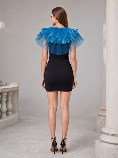 Blue Feather Mesh Shawl, Sheer Shoulder Covering With Collar Feather Trim, Fan-Shaped Draped Short Cape Accessory