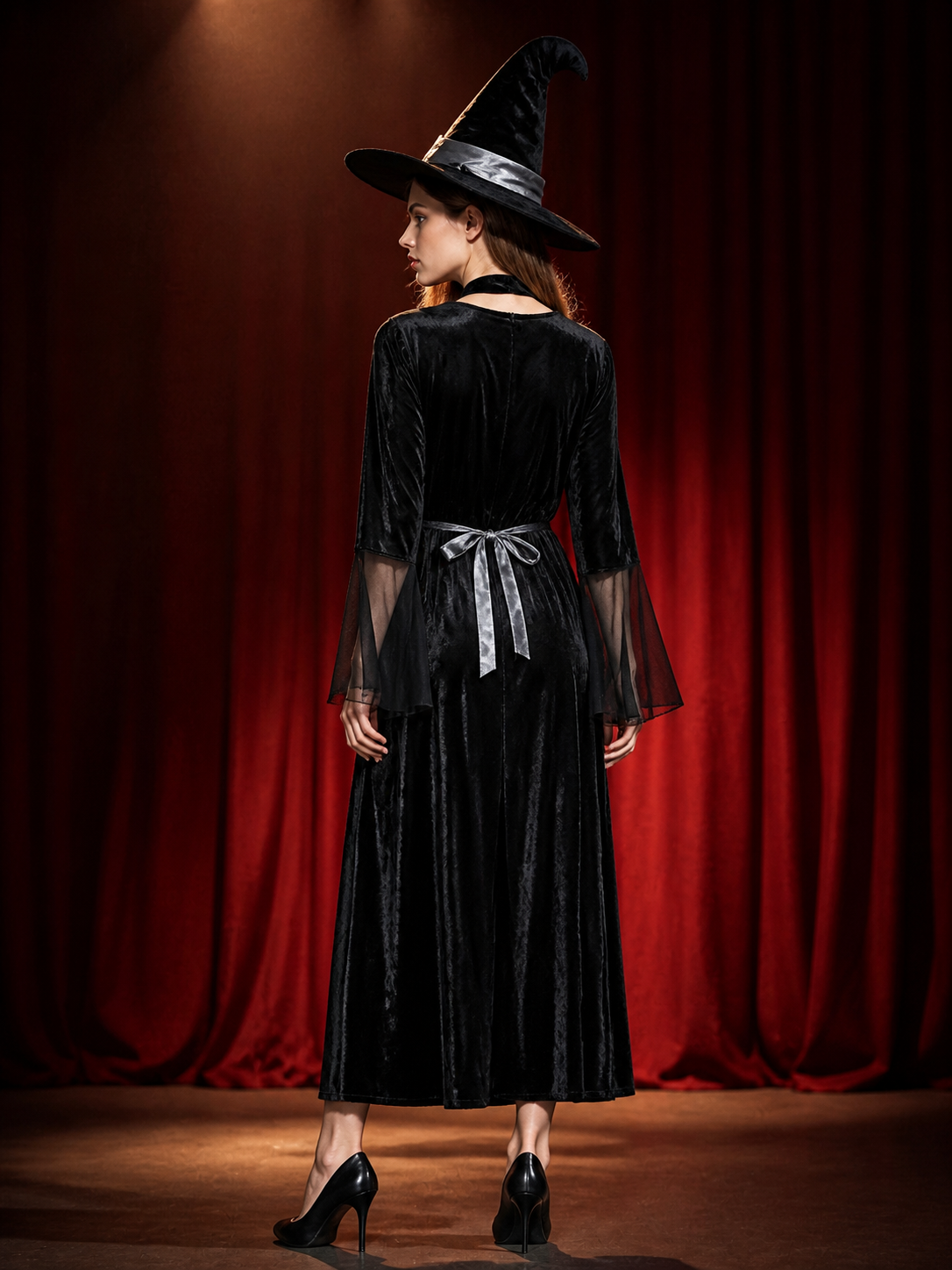 Women's Gothic Witch Costume Set, Long Dress with Hat and Neck Accessory
