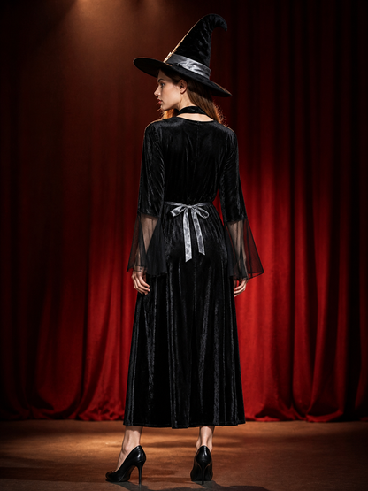 Women's Gothic Witch Costume Set, Long Dress with Hat and Neck Accessory