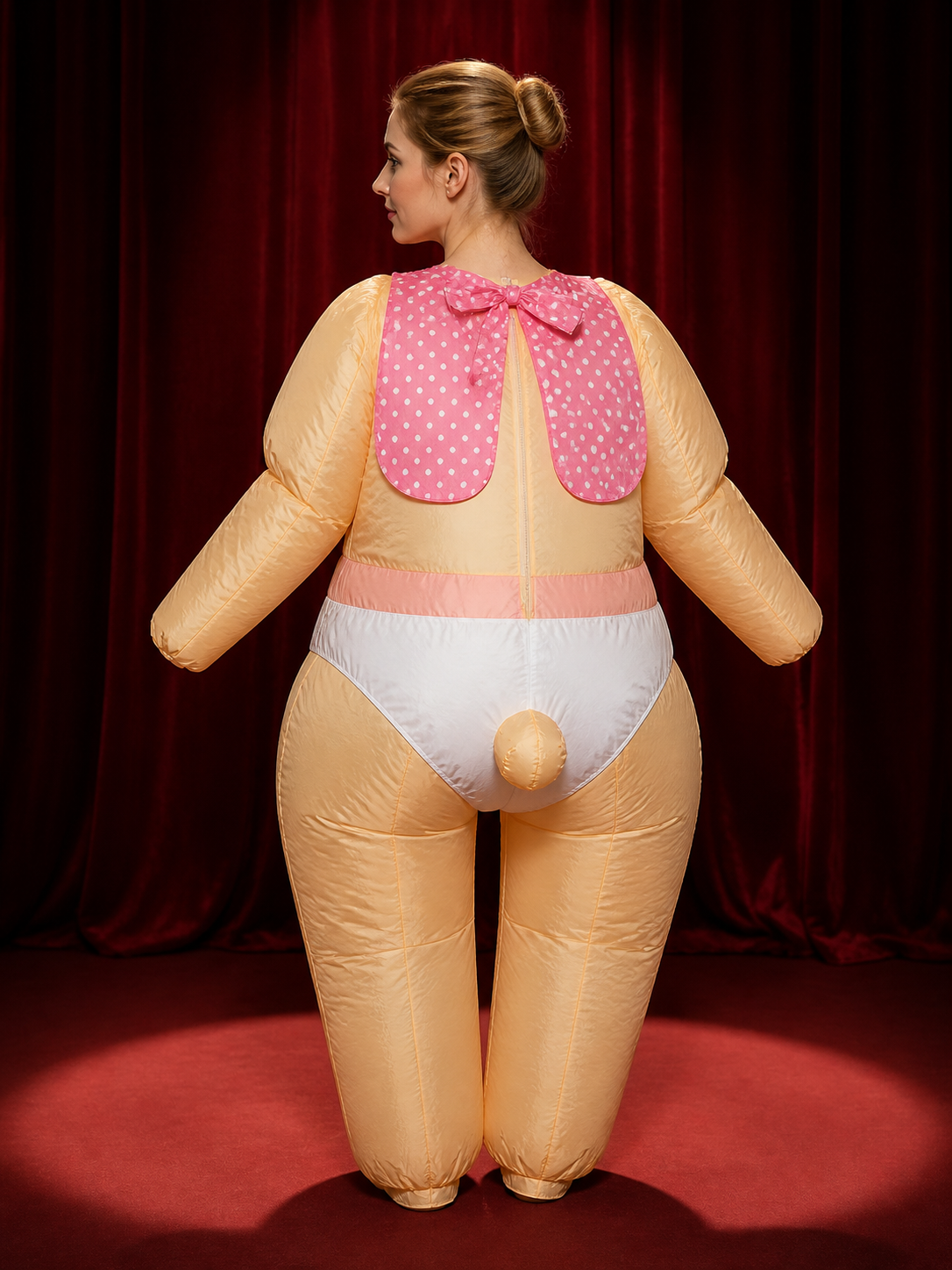 Unisex Inflatable Baby Doll Costume with Twin Pigtails and Polka Dots for back view