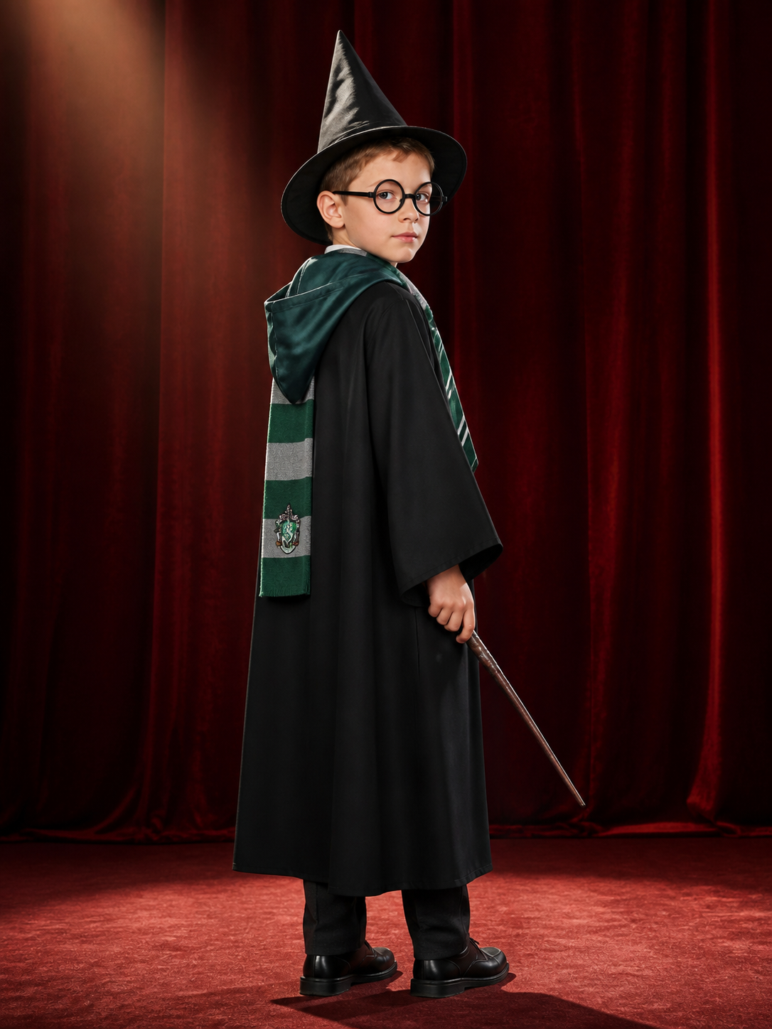 Green And Black Hooded Wizard Robe Costume Set With Hat, Glasses, Tie, Scarf And back view