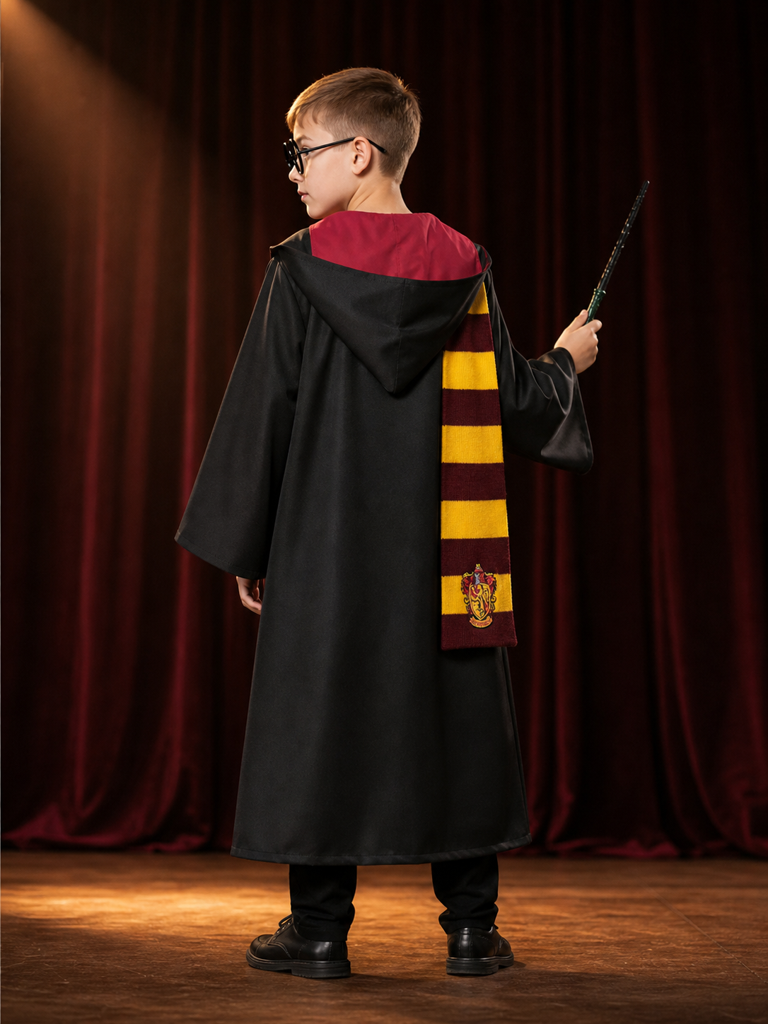 Kids Red and Yellow Hooded Wizard Robe Costume Set with Scarf, Tie, Glasses and back view