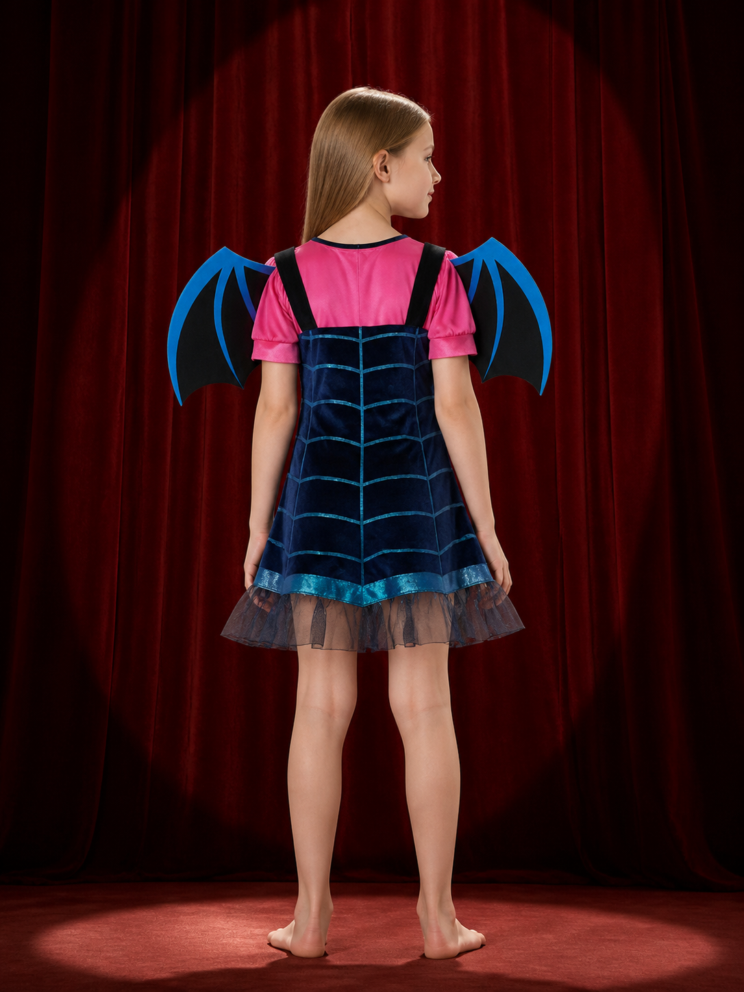 Kids Witch Costume Dress with Bat Wings, Witch Hat and Skeleton Detail Halloween back view