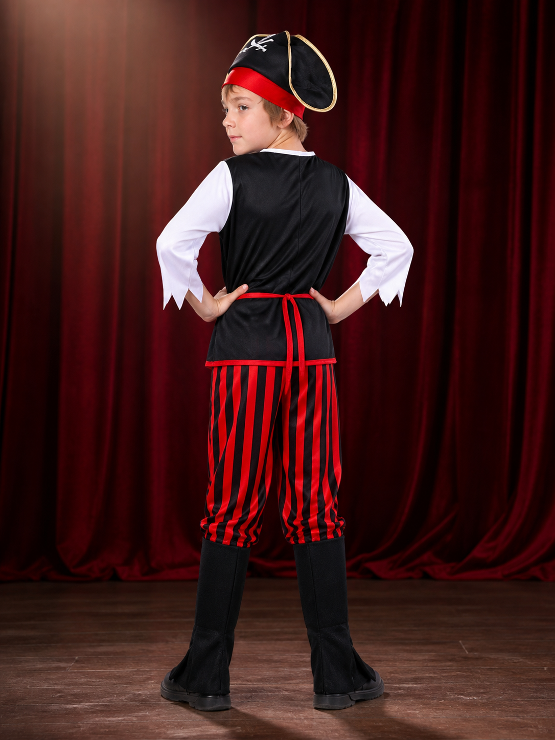 Unisex Kids Pirate Costume Set, Black Sleeveless Top with Red Striped Pants back view