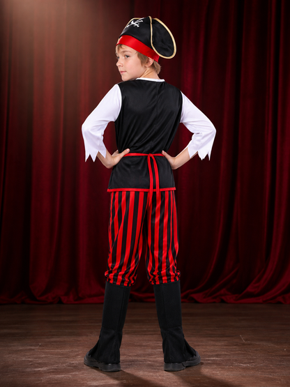Unisex Kids Pirate Costume Set, Black Sleeveless Top with Red Striped Pants back view