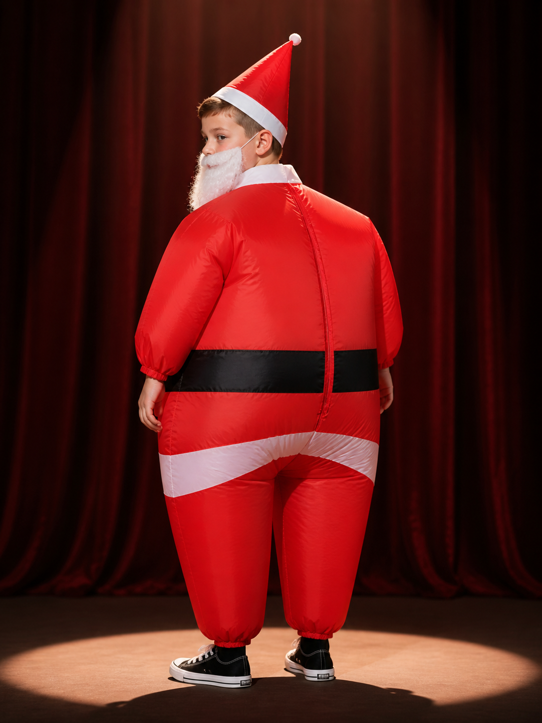Kids Santa Claus Costume Set with Hat and Beard, Red White Christmas Outfit back view