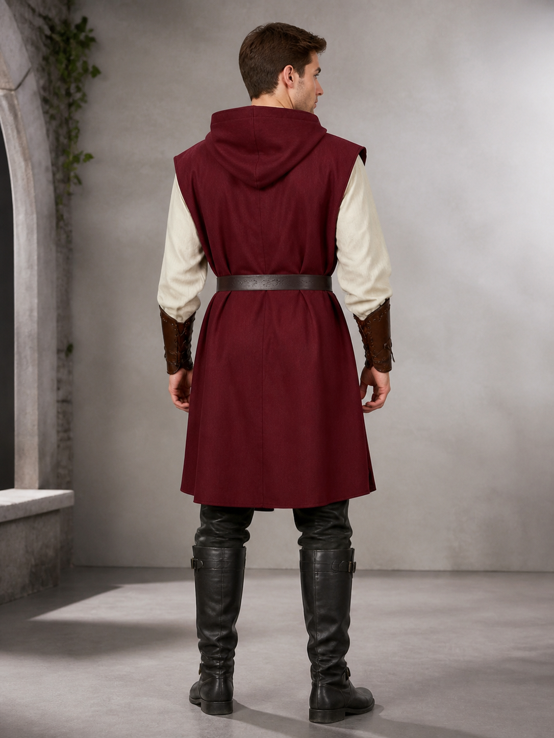 Adult Medieval Fantasy Hooded Cape, Wine Red Sleeveless Long Split-Hem Cloak back view 2