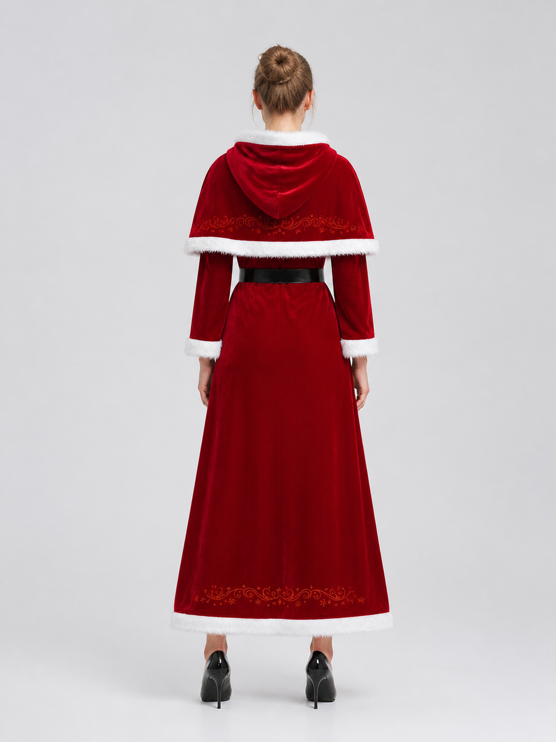 Red Christmas Costume with Hood and Fur Trim back view