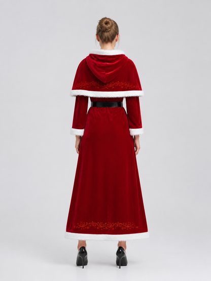Red Christmas Costume with Hood and Fur Trim back view