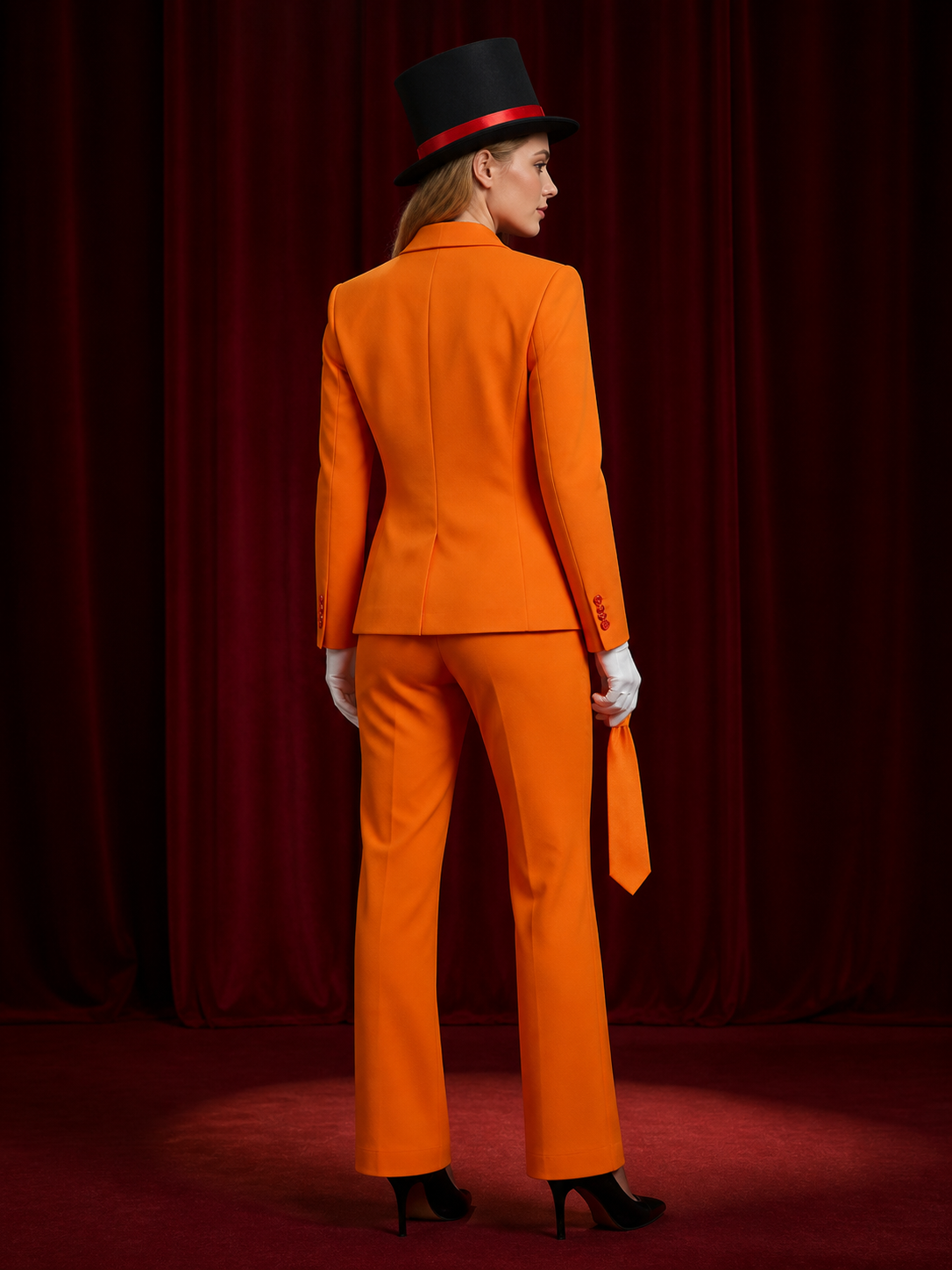 Clown Halloween Costume Set for Adults - Orange Blazer, Pants, Vest, Shirt, Tie back view
