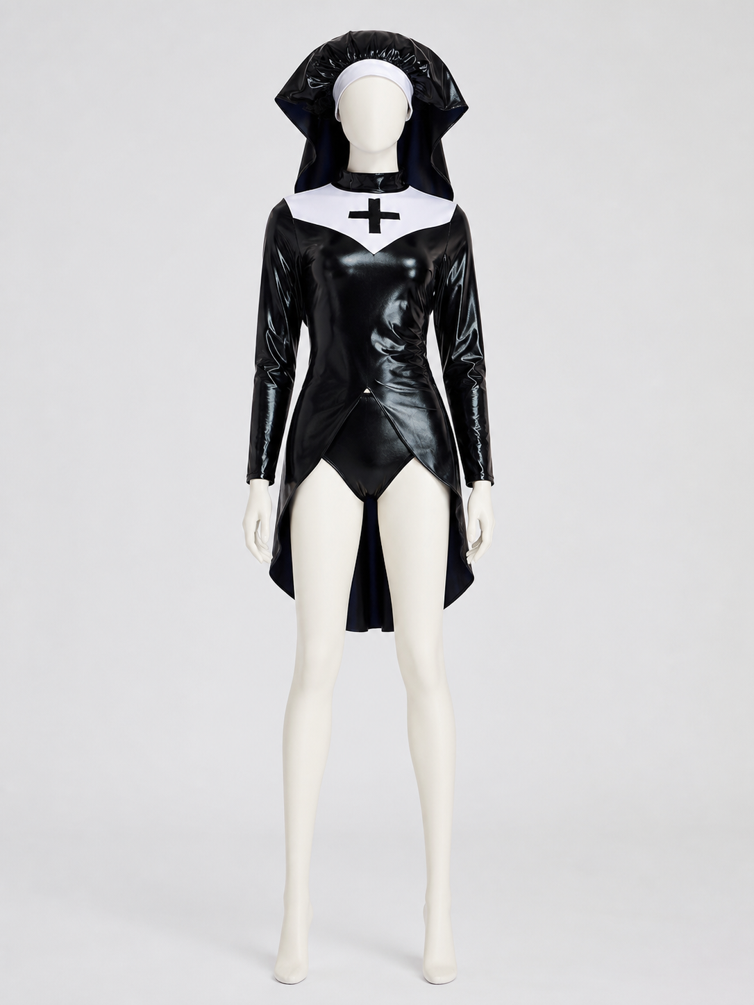 Hooded Cosplay Costume with Cross, Black and White back view