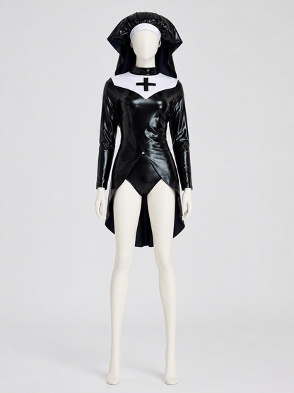 Hooded Cosplay Costume with Cross, Black and White back view
