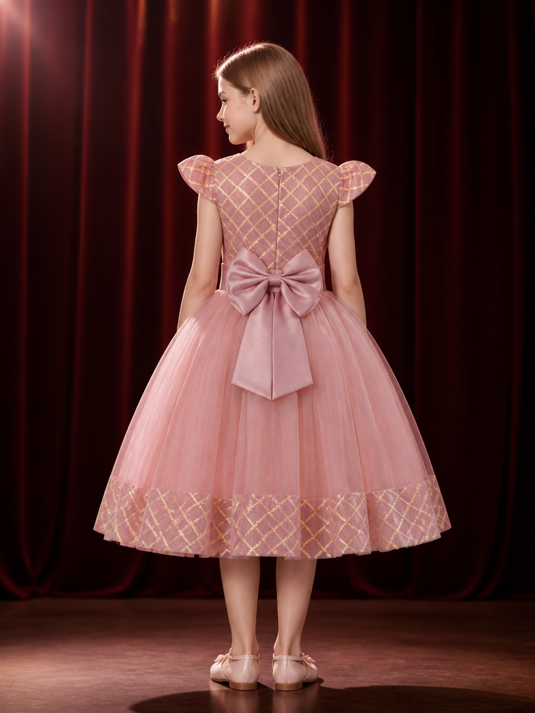 Toddler Girls' Pink Princess Formal Dress, Puff Sleeves, Oversized Bow, Gold back view
