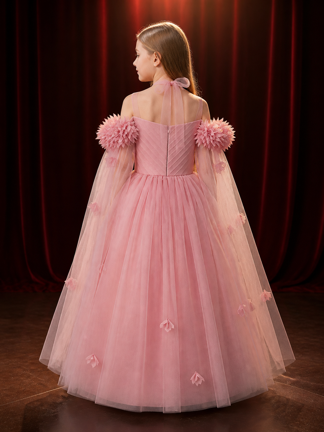 Baby Girls' Pink Princess Dress, Long-Sleeve Tulle Gown With 3D Floral back view